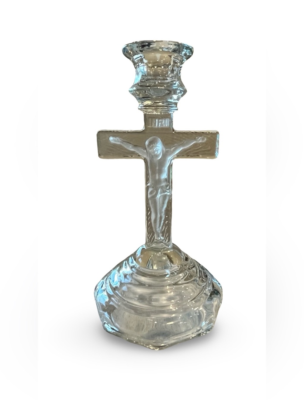 Vintage Pressed Glass Crucifix Taper Candlestick Holder